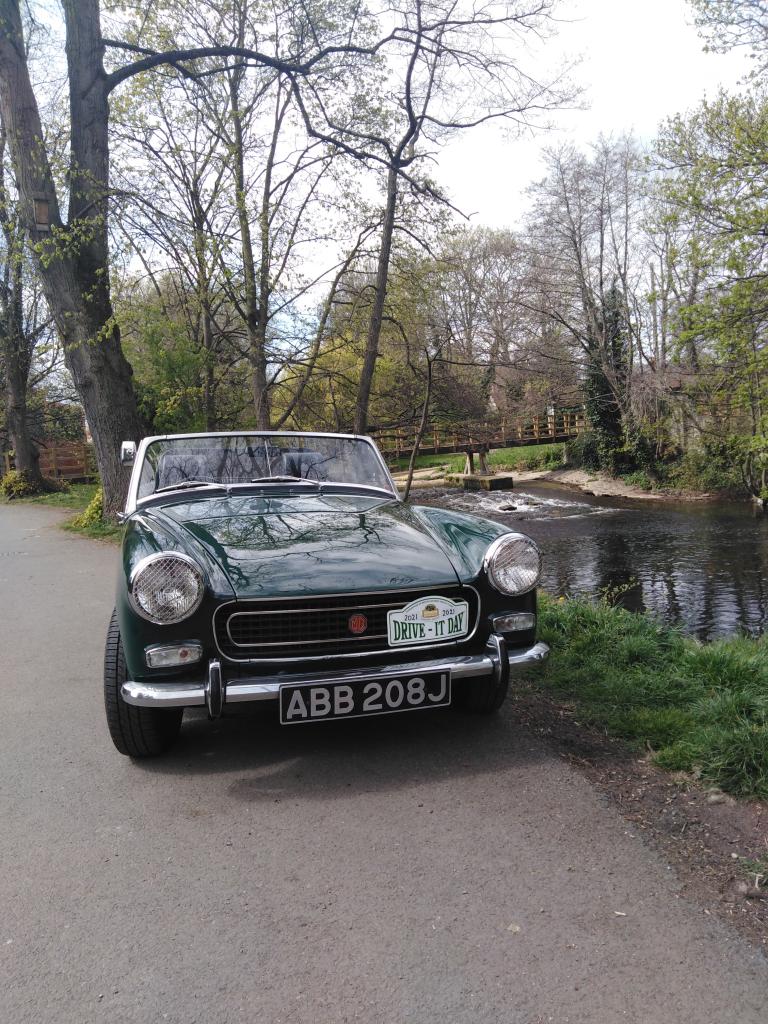 Our 1970 MG Midget taking a rest at Fisher Green in Ripon on the 2021 Drive it day